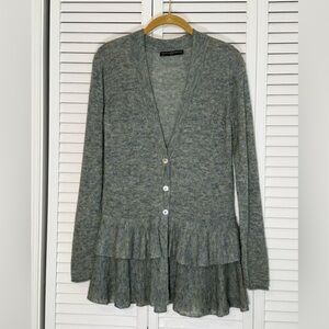 Peruvian Connection Green Blue Ruffled Hem Cardigan Alpaca Wool Blend Size M